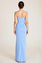 Himmelblaues Meerjungfrauen Hochzeitsgastkleid mit Rüschen und Schlitz